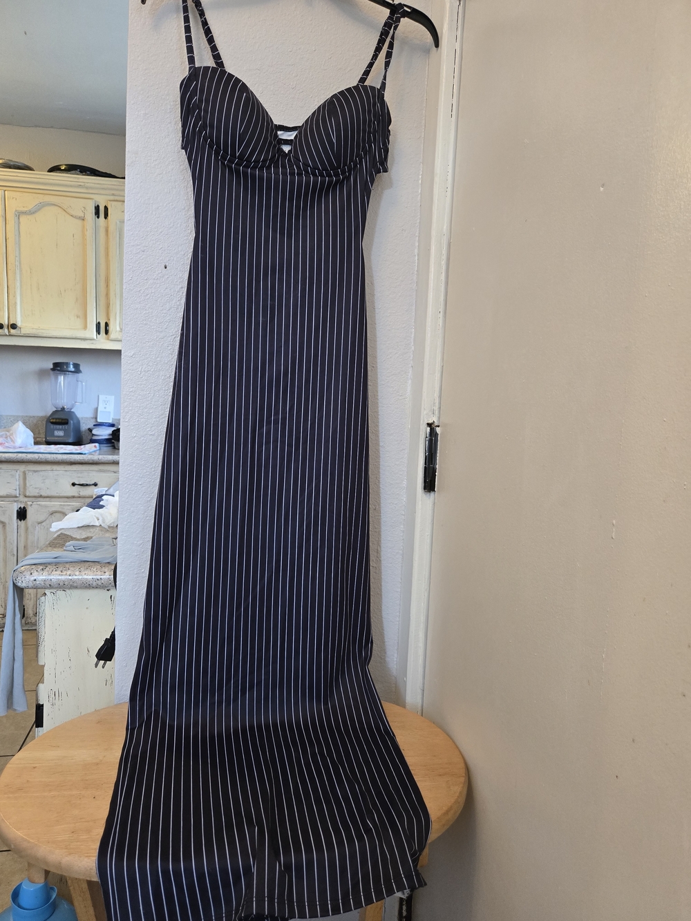 Elegant Black Pinstripe Maxi Dress with Sweetheart Bust